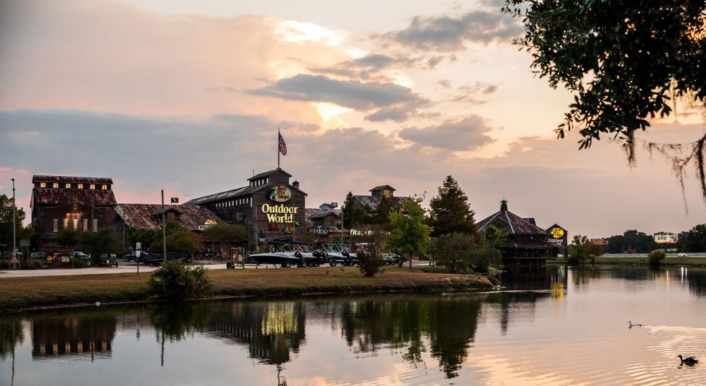 Bass Pro Shops exterior with lake